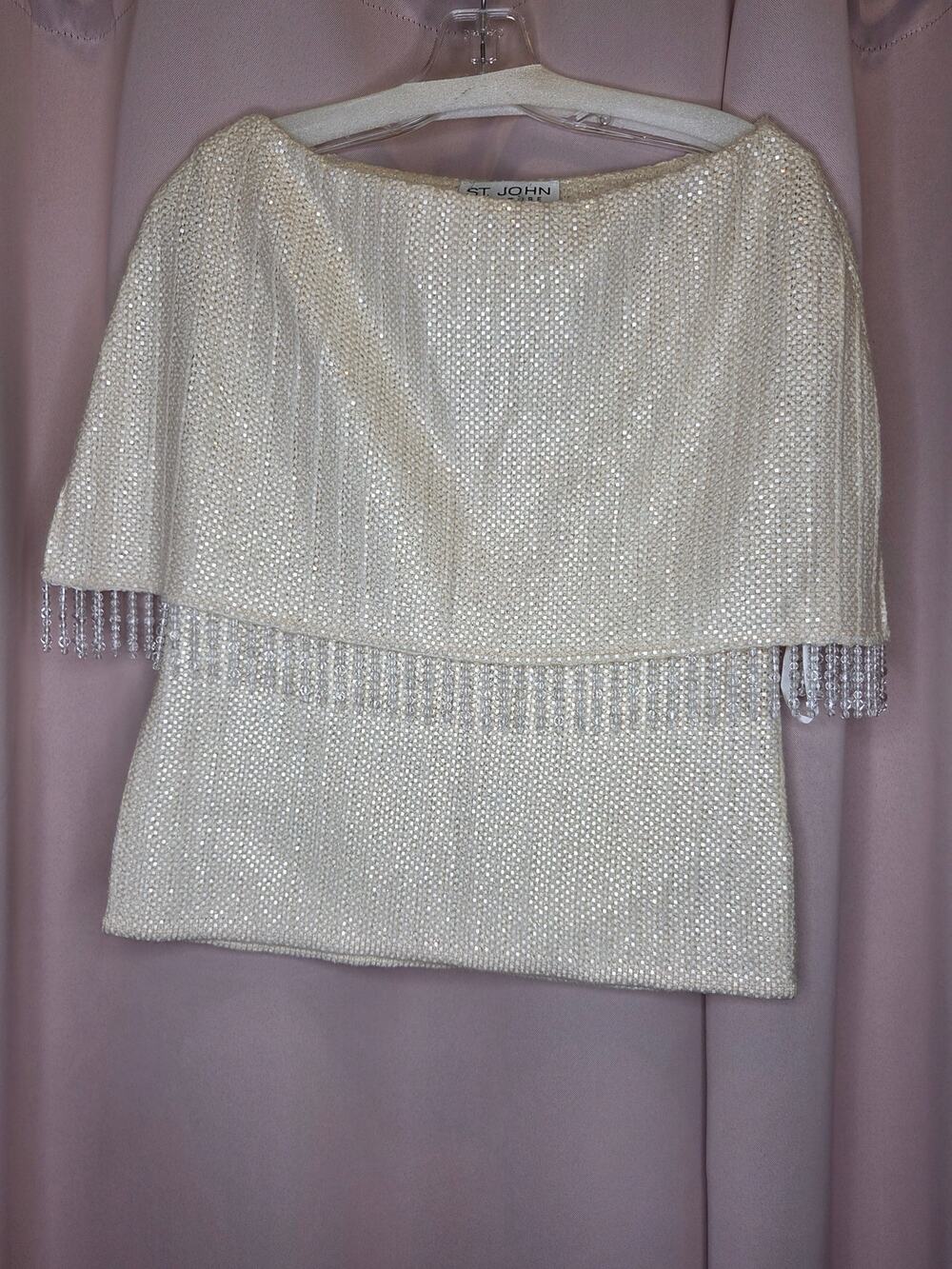 St. John Metallic Cream Shimmer Knit Cape Overlay Top with Beaded Fringe Trim